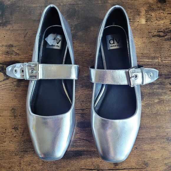 DV DOLCE VITA Womens Gray Silver Mary Jane Flats Mellie Size 7.5 Mat Square Toe - Picture 2 of 6